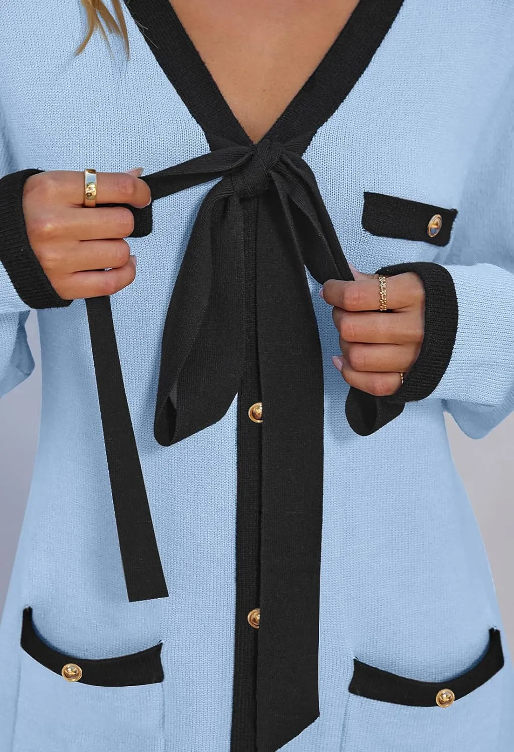 MEROKEETY Women Long Sleeve Color Block Sweater Dress Button Bow Tie Elegant Formal Work Mini Dresses