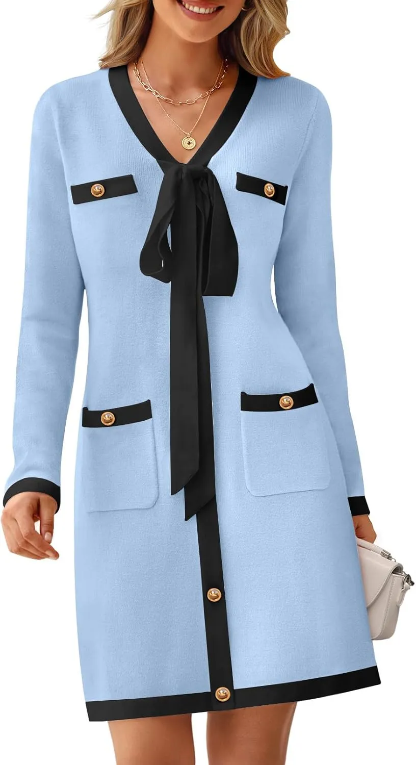 MEROKEETY Women Long Sleeve Color Block Sweater Dress Button Bow Tie Elegant Formal Work Mini Dresses