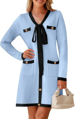 MEROKEETY Women Long Sleeve Color Block Sweater Dress Button Bow Tie Elegant Formal Work Mini Dresses
