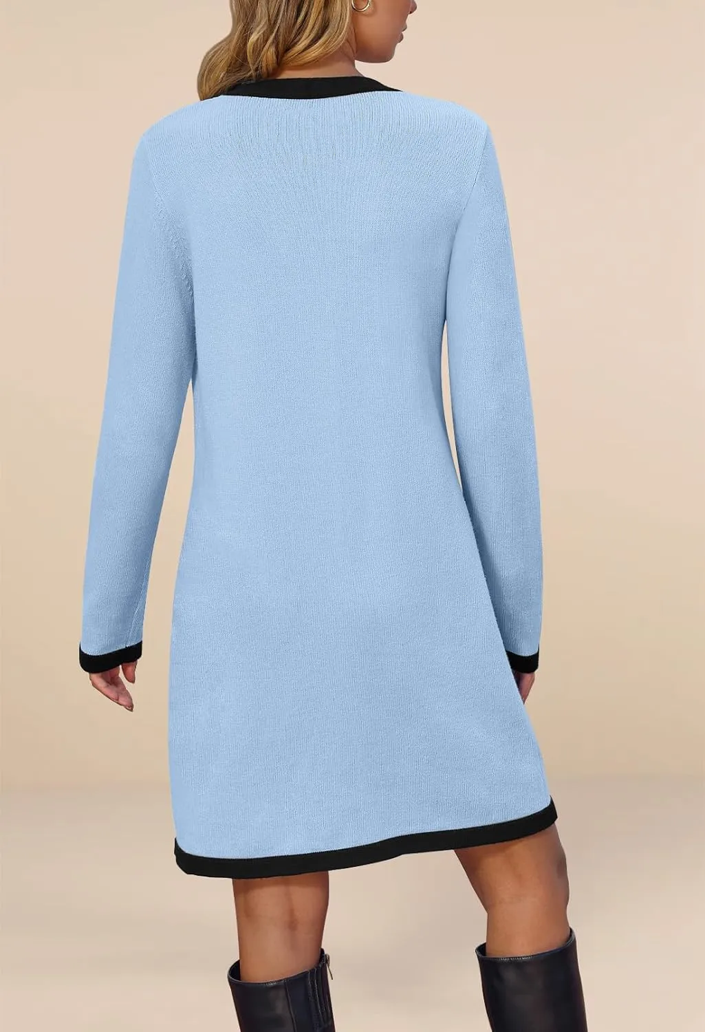 MEROKEETY Women Long Sleeve Color Block Sweater Dress Button Bow Tie Elegant Formal Work Mini Dresses