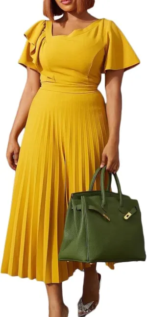 Meufam Women's Elegant V Neck Dress Sexy V Back Short Sleeve Ruffle Skirt Pleated High Waist Formal Dress for Women