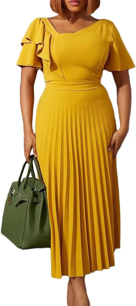 Meufam Women's Elegant V Neck Dress Sexy V Back Short Sleeve Ruffle Skirt Pleated High Waist Formal Dress for Women