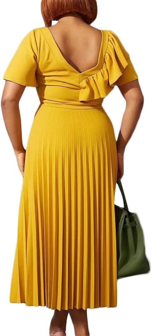 Meufam Women's Elegant V Neck Dress Sexy V Back Short Sleeve Ruffle Skirt Pleated High Waist Formal Dress for Women