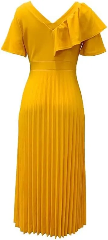Meufam Women's Elegant V Neck Dress Sexy V Back Short Sleeve Ruffle Skirt Pleated High Waist Formal Dress for Women