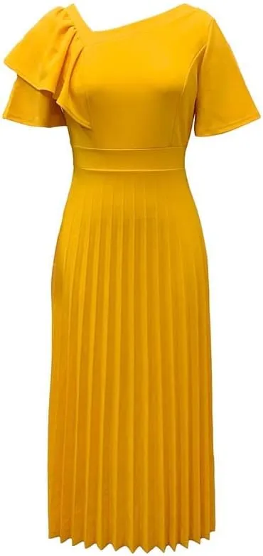 Meufam Women's Elegant V Neck Dress Sexy V Back Short Sleeve Ruffle Skirt Pleated High Waist Formal Dress for Women