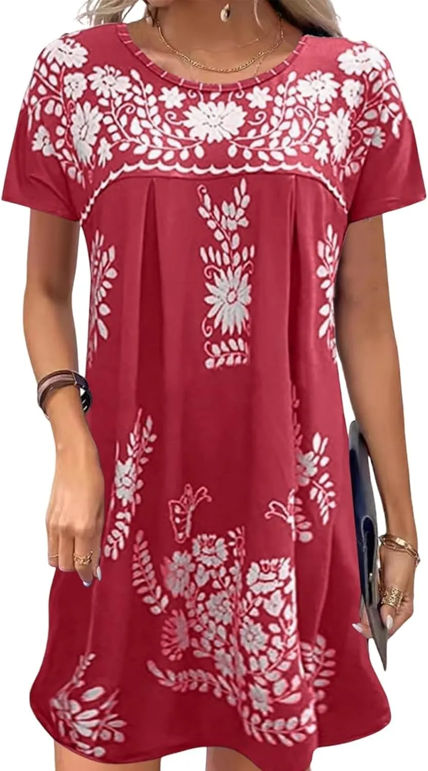 Mexican Dress for Women Floral Embroidered Linen Short Sleeve Dress Fiesta Peasant Casual Loose Dresses