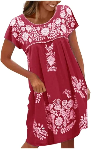 Mexican Dress for Women Floral Embroidered Linen Short Sleeve Dress Fiesta Peasant Casual Loose Dresses