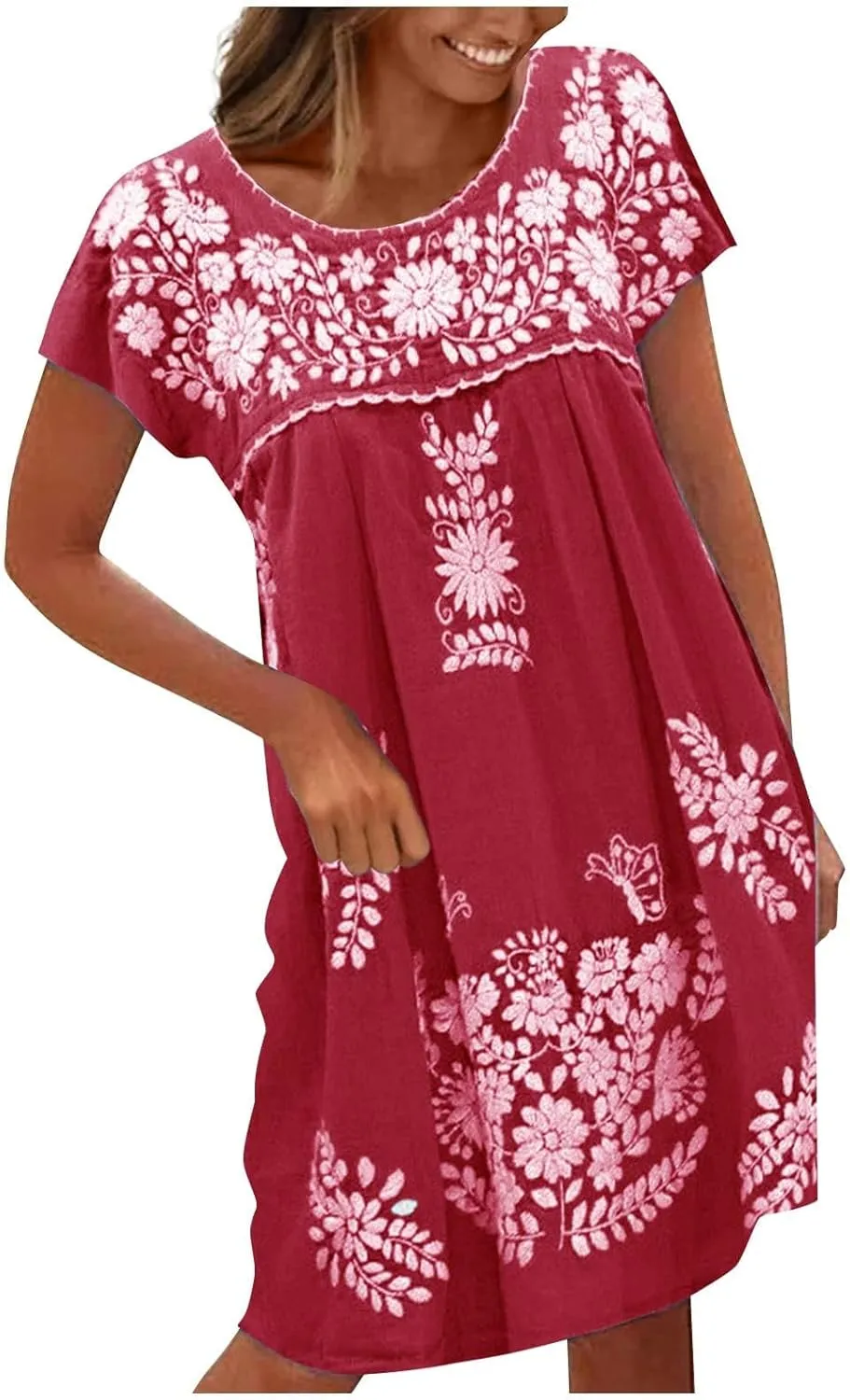 Mexican Dress for Women Floral Embroidered Linen Short Sleeve Dress Fiesta Peasant Casual Loose Dresses