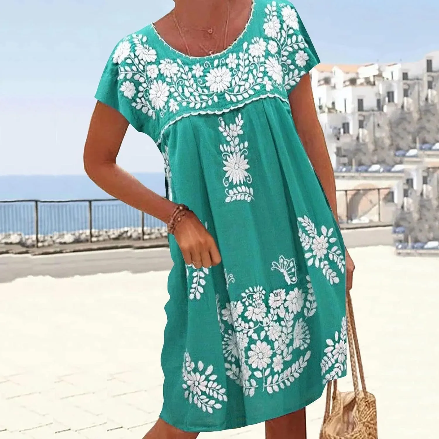 Mexican Dress for Women Floral Embroidered Linen Short Sleeve Dress Fiesta Peasant Casual Loose Dresses