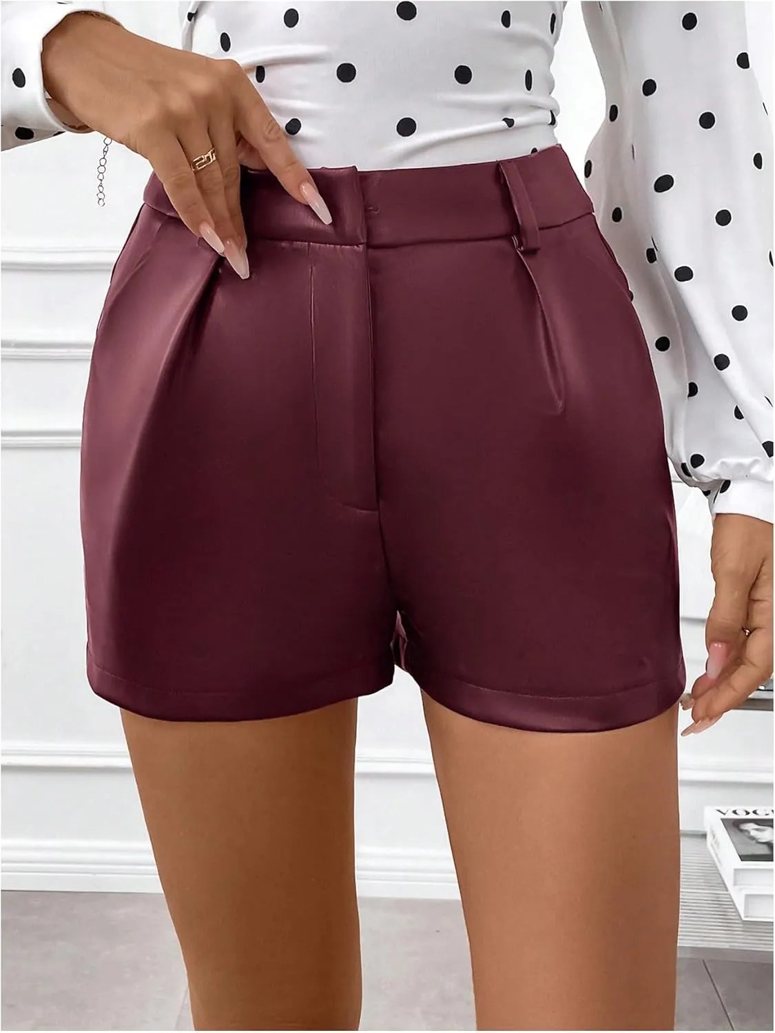 Milumia Women's PU Leather High Waisted Pleated Wide Leg Dressy Shorts with Pocket