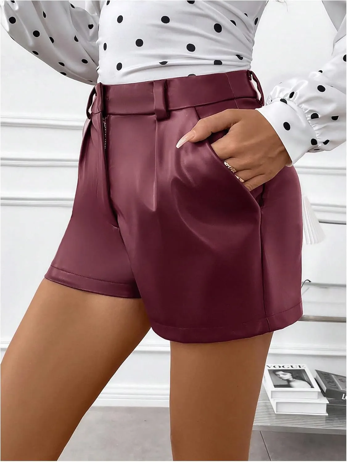 Milumia Women's PU Leather High Waisted Pleated Wide Leg Dressy Shorts with Pocket