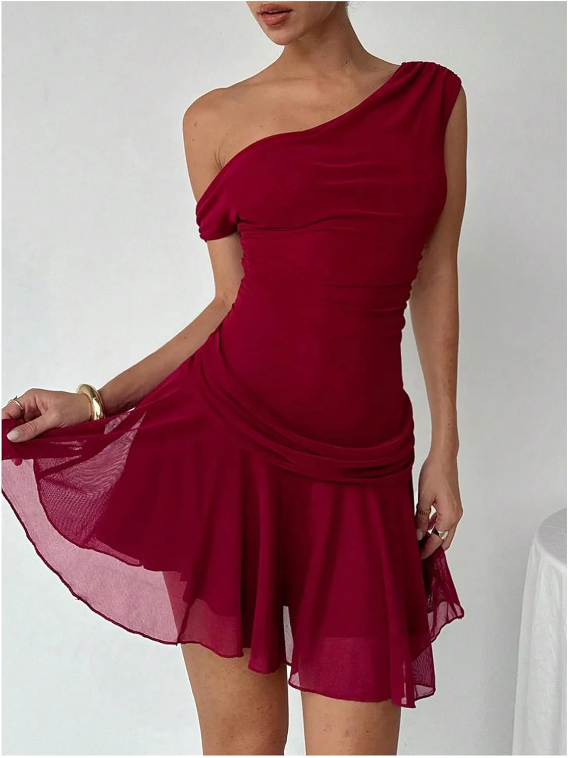 Milumia Women's Y2K Asymmetrical Neck Dresses Ruched Flared Ruffle Sheer Mini Dresses
