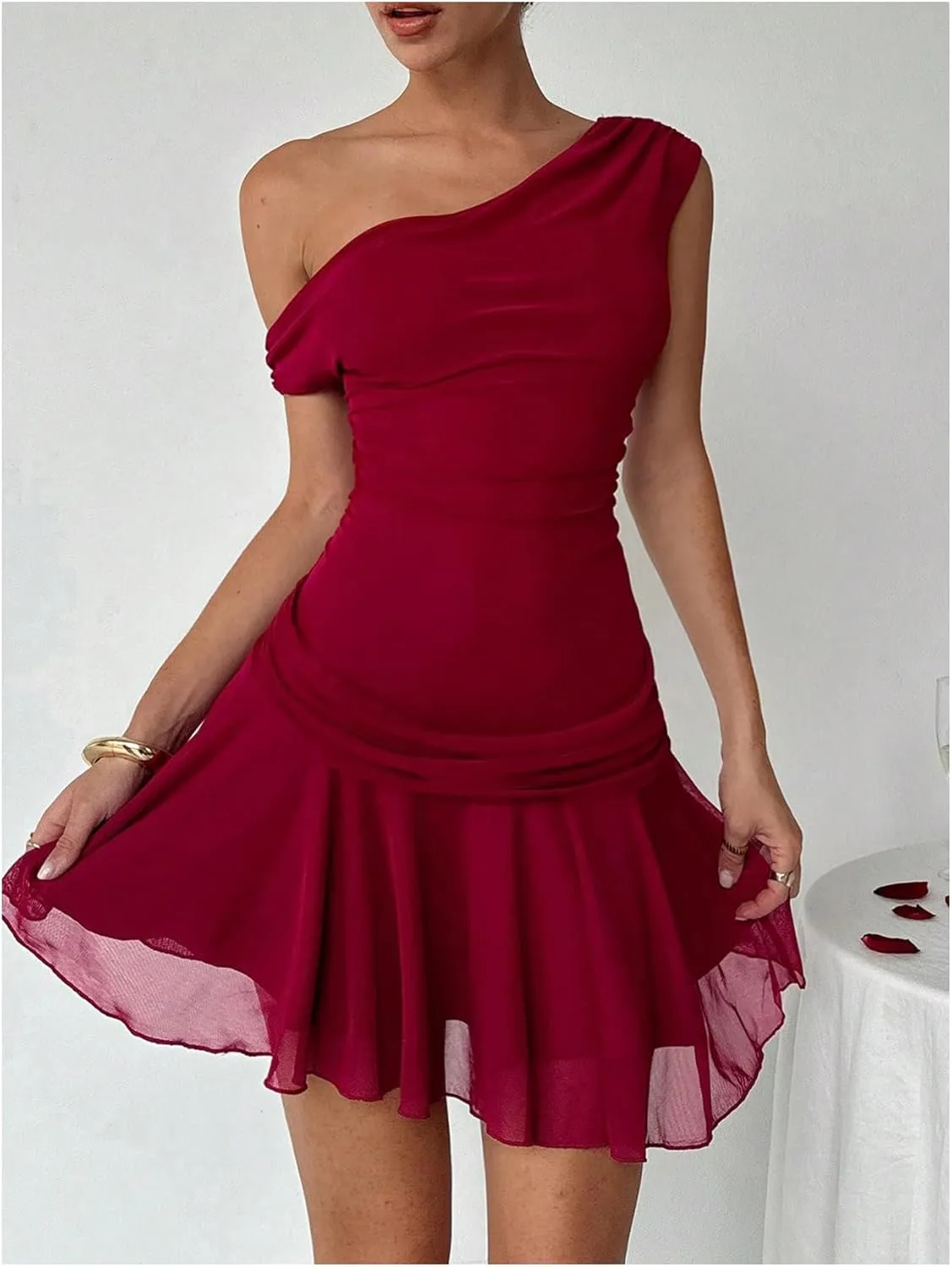 Milumia Women's Y2K Asymmetrical Neck Dresses Ruched Flared Ruffle Sheer Mini Dresses