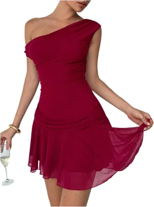 Milumia Women's Y2K Asymmetrical Neck Dresses Ruched Flared Ruffle Sheer Mini Dresses