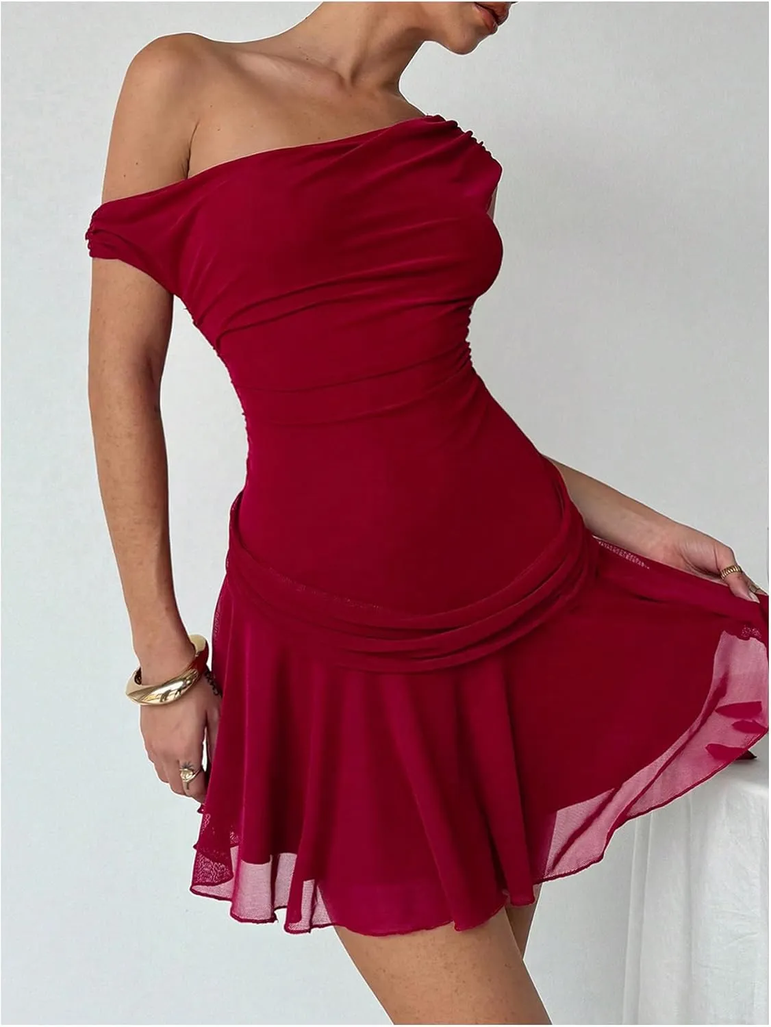 Milumia Women's Y2K Asymmetrical Neck Dresses Ruched Flared Ruffle Sheer Mini Dresses