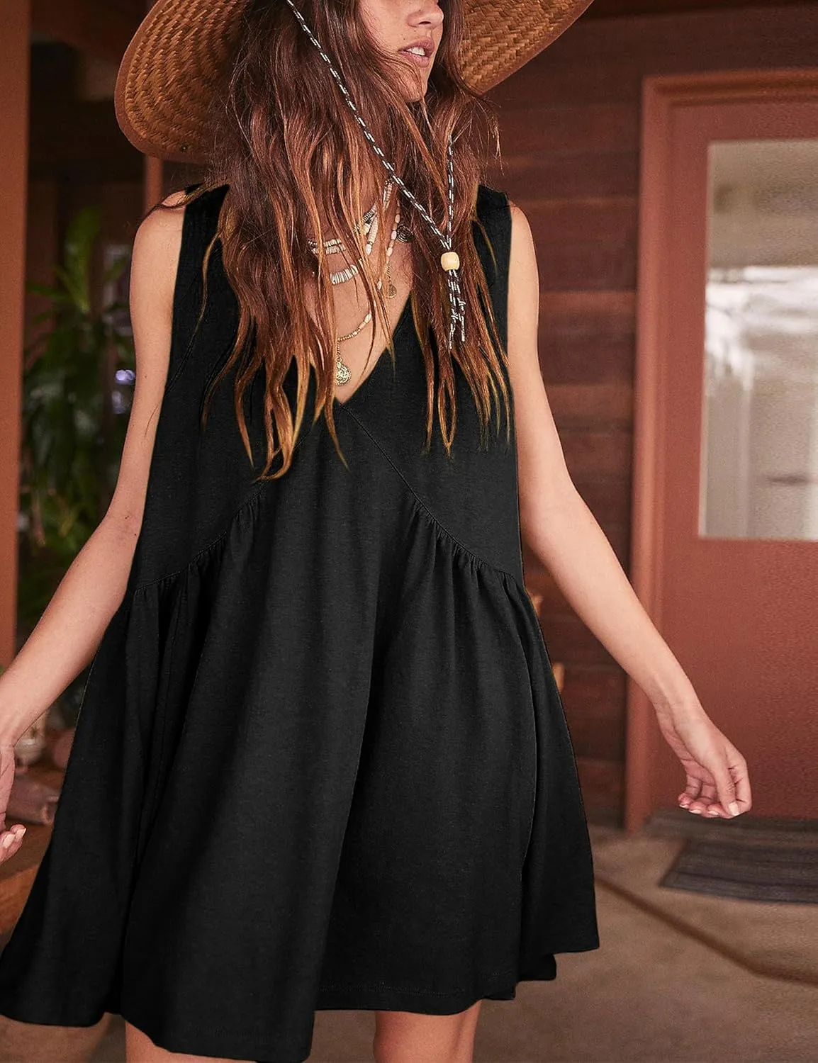 Mini Dress for Women 2025 Summer Casual Sleeveless V Neck Sundress Loose Babydoll Dress with Pockets
