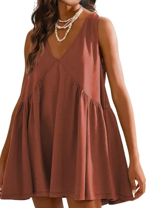 Mini Dress for Women 2025 Summer Casual Sleeveless V Neck Sundress Loose Babydoll Dress with Pockets