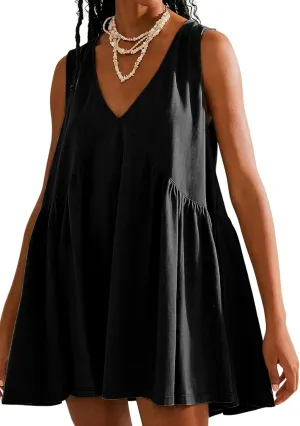 Mini Dress for Women 2025 Summer Casual Sleeveless V Neck Sundress Loose Babydoll Dress with Pockets