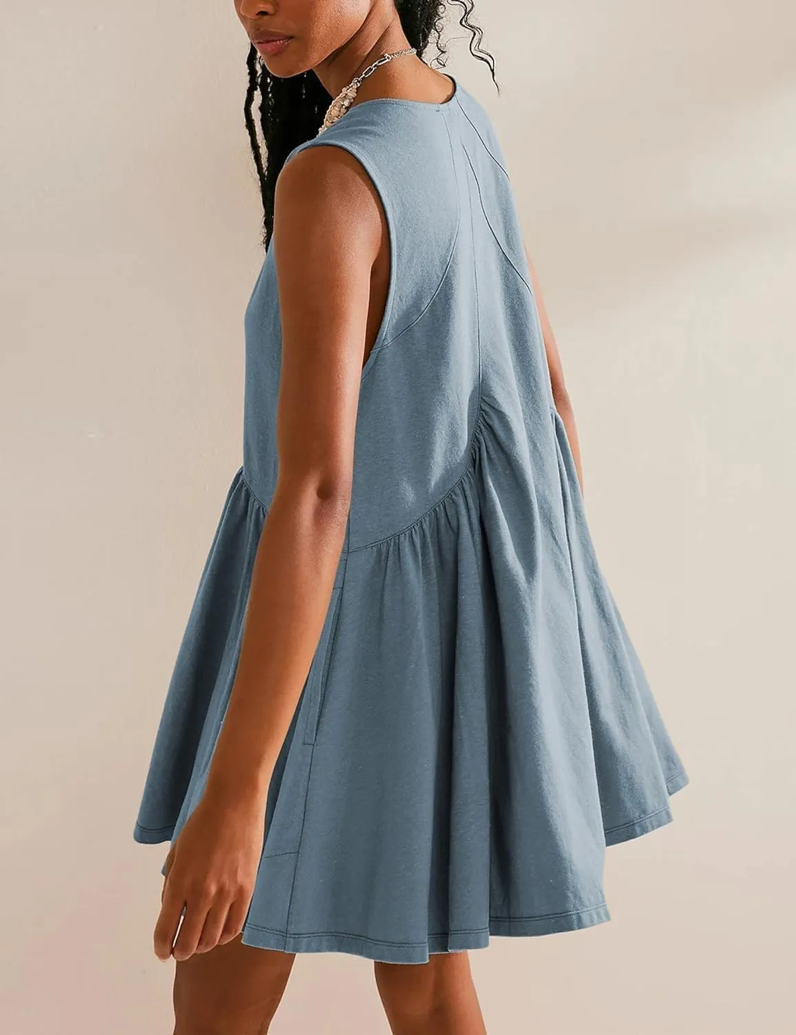 Mini Dress for Women 2025 Summer Casual Sleeveless V Neck Sundress Loose Babydoll Dress with Pockets