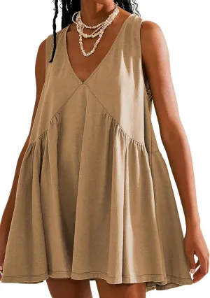 Mini Dress for Women 2025 Summer Casual Sleeveless V Neck Sundress Loose Babydoll Dress with Pockets