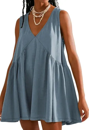 Mini Dress for Women 2025 Summer Casual Sleeveless V Neck Sundress Loose Babydoll Dress with Pockets