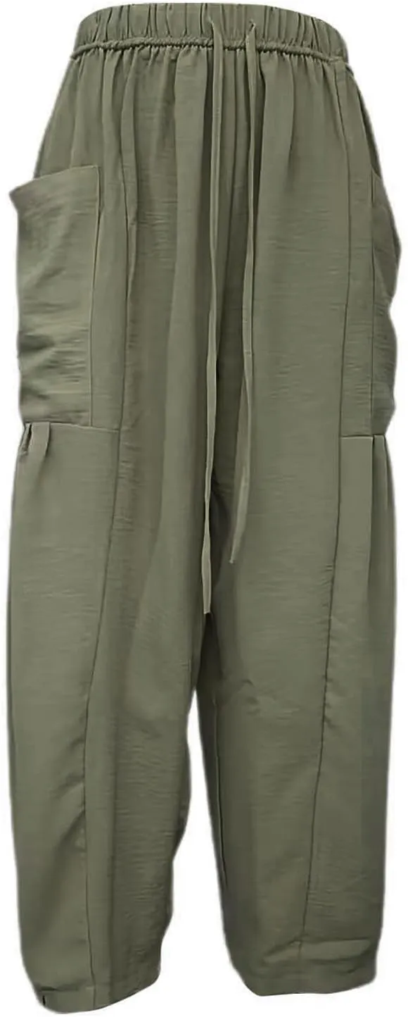 Miyaomn Women's Linen Baggy Wide Leg Pants Casual Drawstring Waisted Palazzo Harem Pants Lightweight Beach Trousers Pockets
