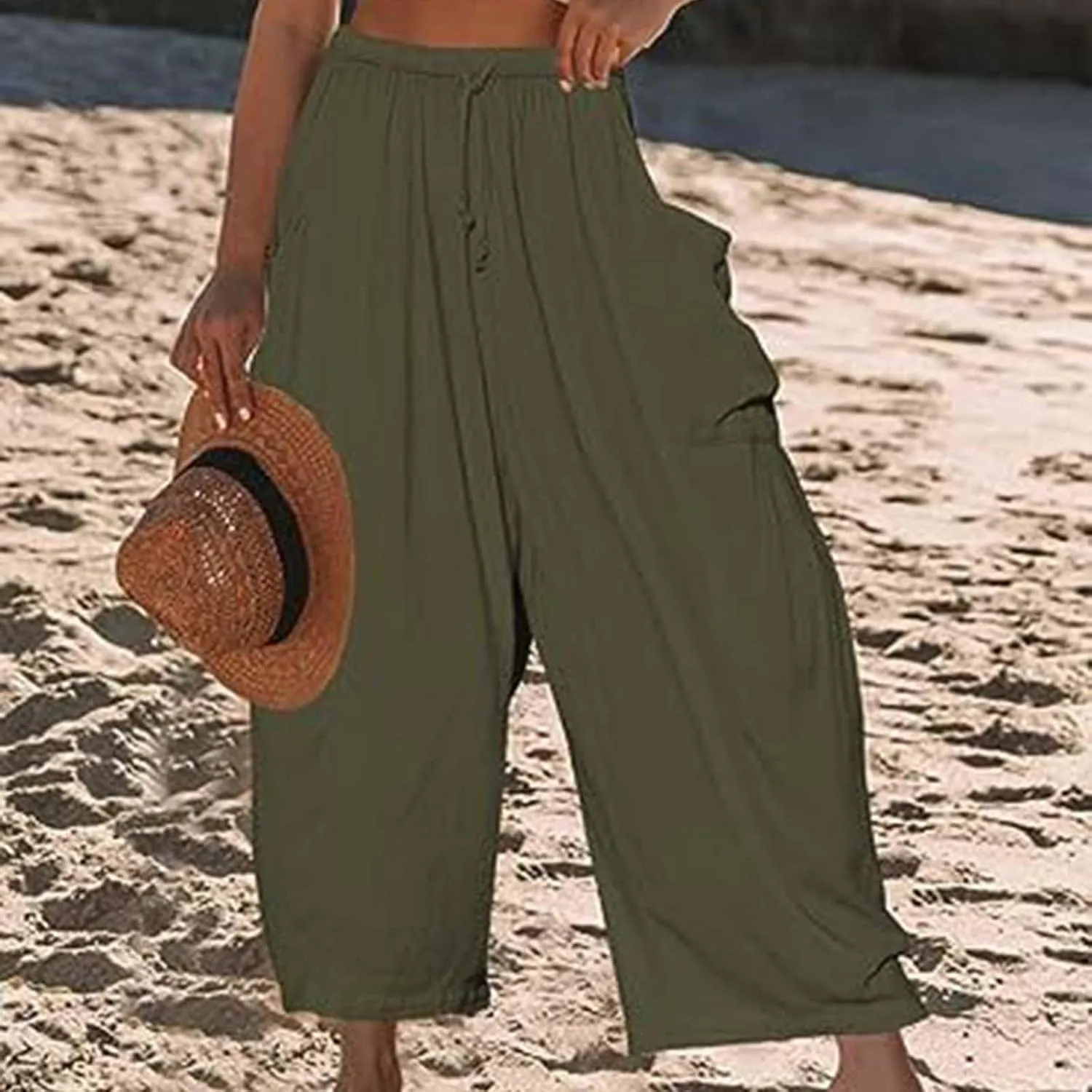 Miyaomn Women's Linen Baggy Wide Leg Pants Casual Drawstring Waisted Palazzo Harem Pants Lightweight Beach Trousers Pockets