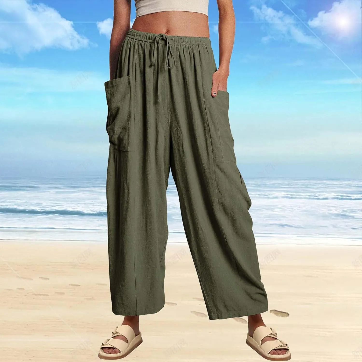 Miyaomn Women's Linen Baggy Wide Leg Pants Casual Drawstring Waisted Palazzo Harem Pants Lightweight Beach Trousers Pockets