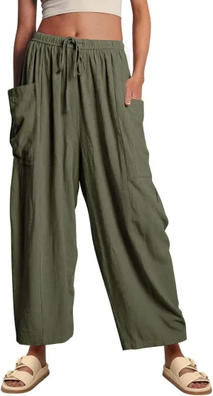 Miyaomn Women's Linen Baggy Wide Leg Pants Casual Drawstring Waisted Palazzo Harem Pants Lightweight Beach Trousers Pockets