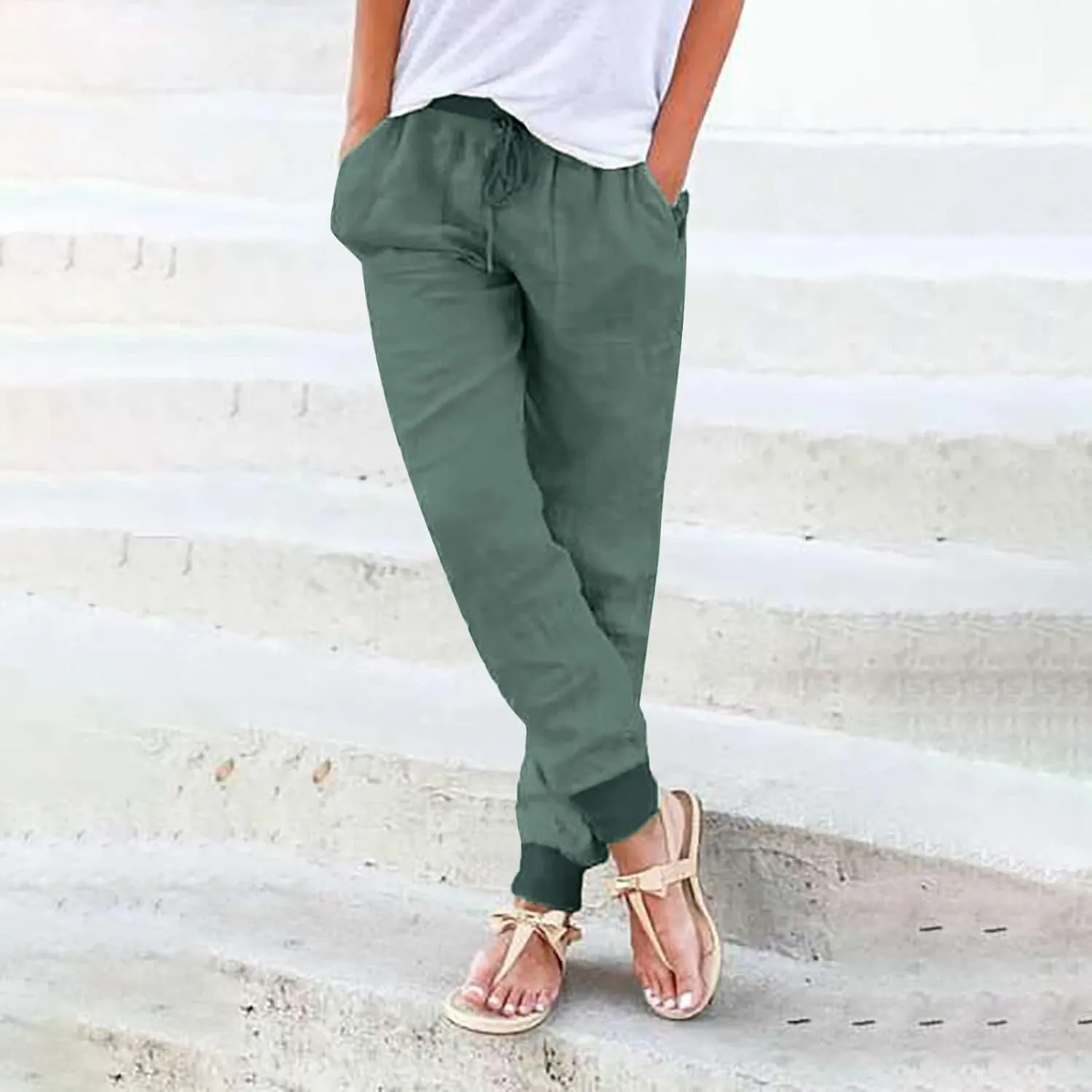 Miyaomn Women's Tapered Pants Cotton Linen Joggers Drawstring Elastic Waist Lounge Petite Pants Casual Trousers with Pockets
