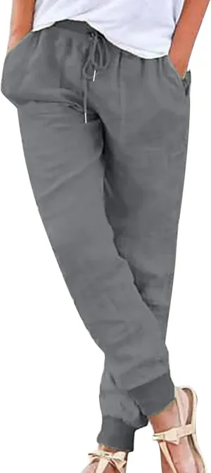 Miyaomn Women's Tapered Pants Cotton Linen Joggers Drawstring Elastic Waist Lounge Petite Pants Casual Trousers with Pockets
