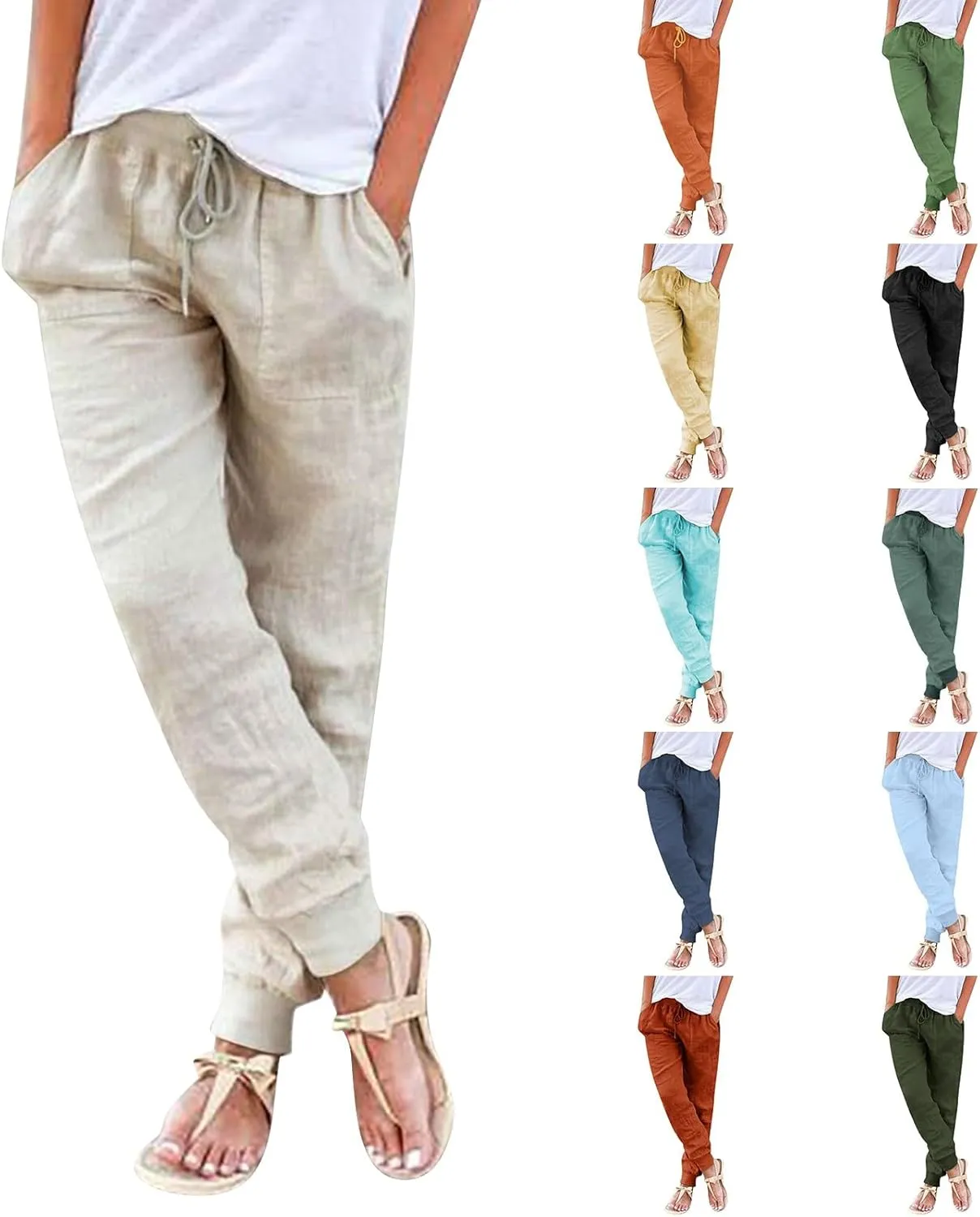 Miyaomn Women's Tapered Pants Cotton Linen Joggers Drawstring Elastic Waist Lounge Petite Pants Casual Trousers with Pockets