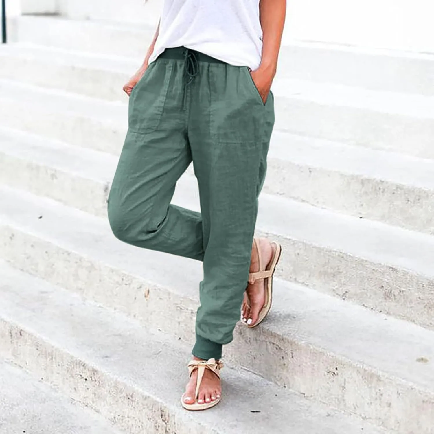 Miyaomn Women's Tapered Pants Cotton Linen Joggers Drawstring Elastic Waist Lounge Petite Pants Casual Trousers with Pockets