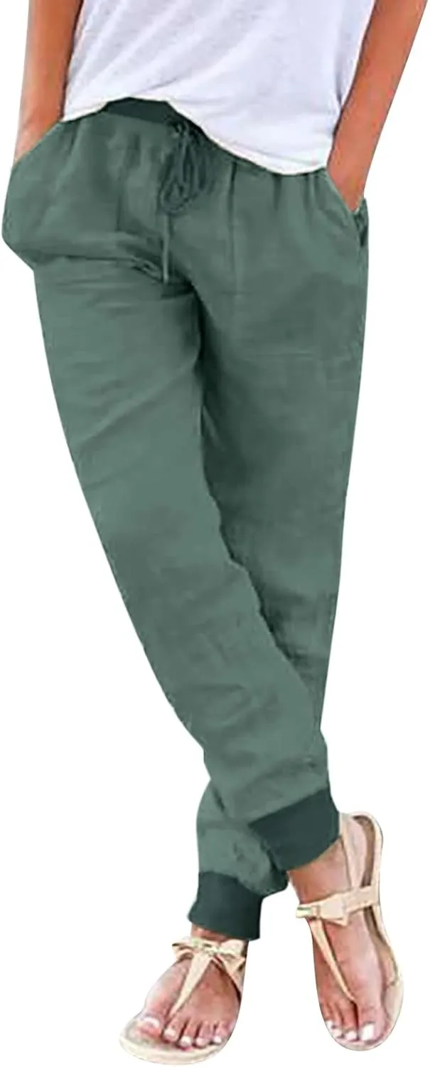 Miyaomn Women's Tapered Pants Cotton Linen Joggers Drawstring Elastic Waist Lounge Petite Pants Casual Trousers with Pockets