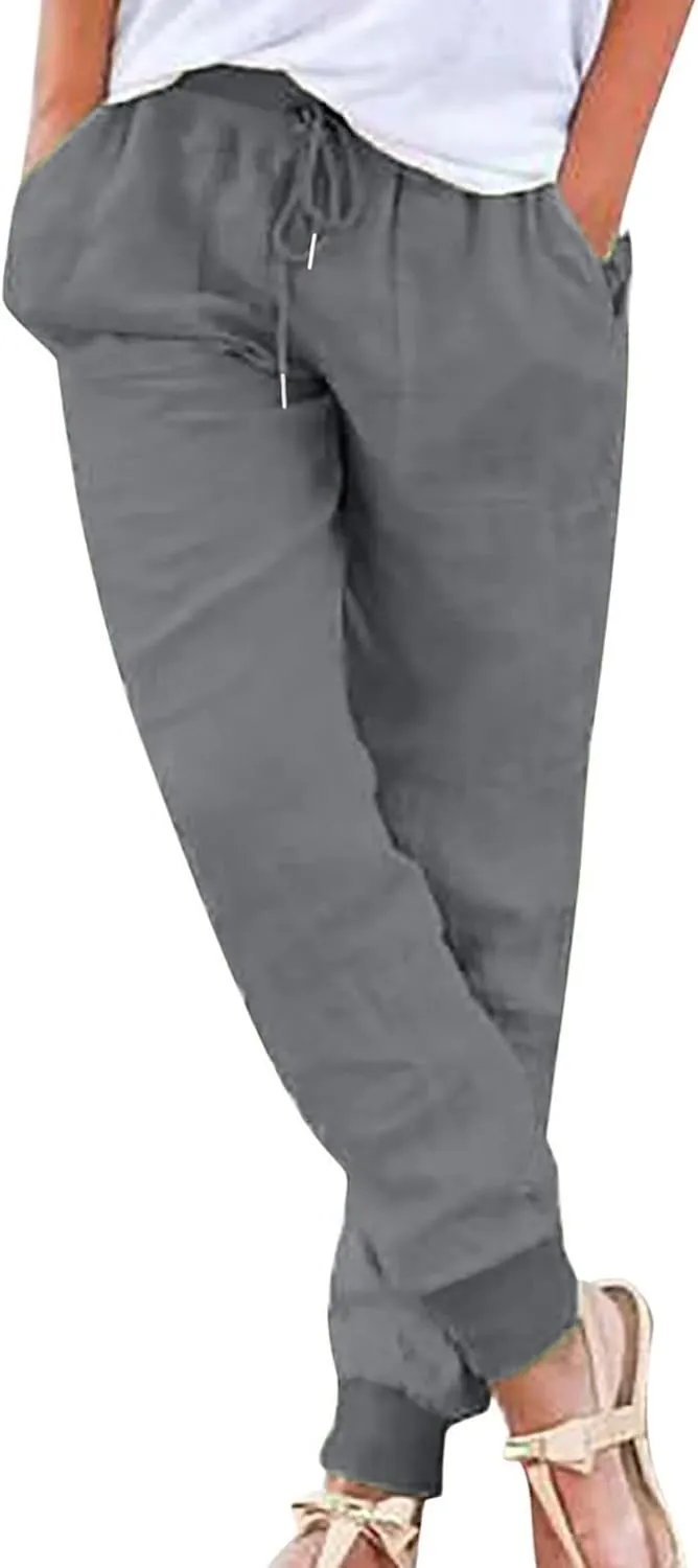 Miyaomn Women's Tapered Pants Cotton Linen Joggers Drawstring Elastic Waist Lounge Petite Pants Casual Trousers with Pockets