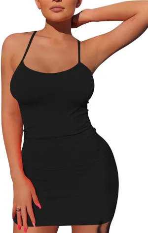 Mizoci Women's Sexy Sleeveless Spaghetti Strap Tank Bodycon Tight Mini Club Party Dress