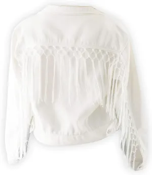 ModParty Womens Fringe Jacket White Crop Denim Jean Jacket With Tassel Trim