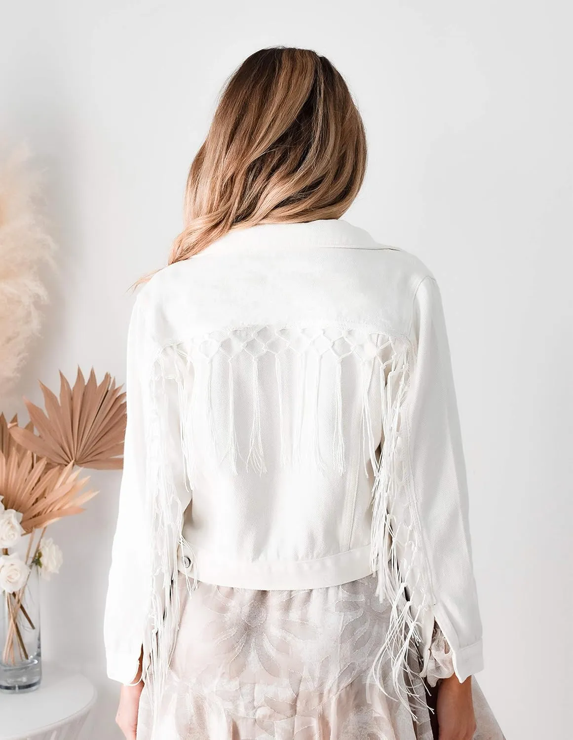 ModParty Womens Fringe Jacket White Crop Denim Jean Jacket With Tassel Trim