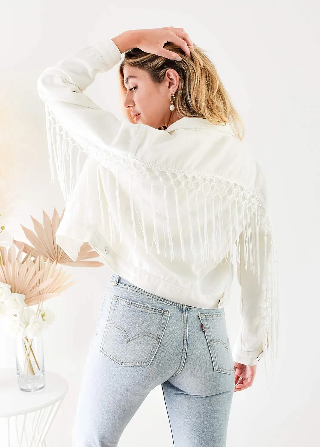 ModParty Womens Fringe Jacket White Crop Denim Jean Jacket With Tassel Trim