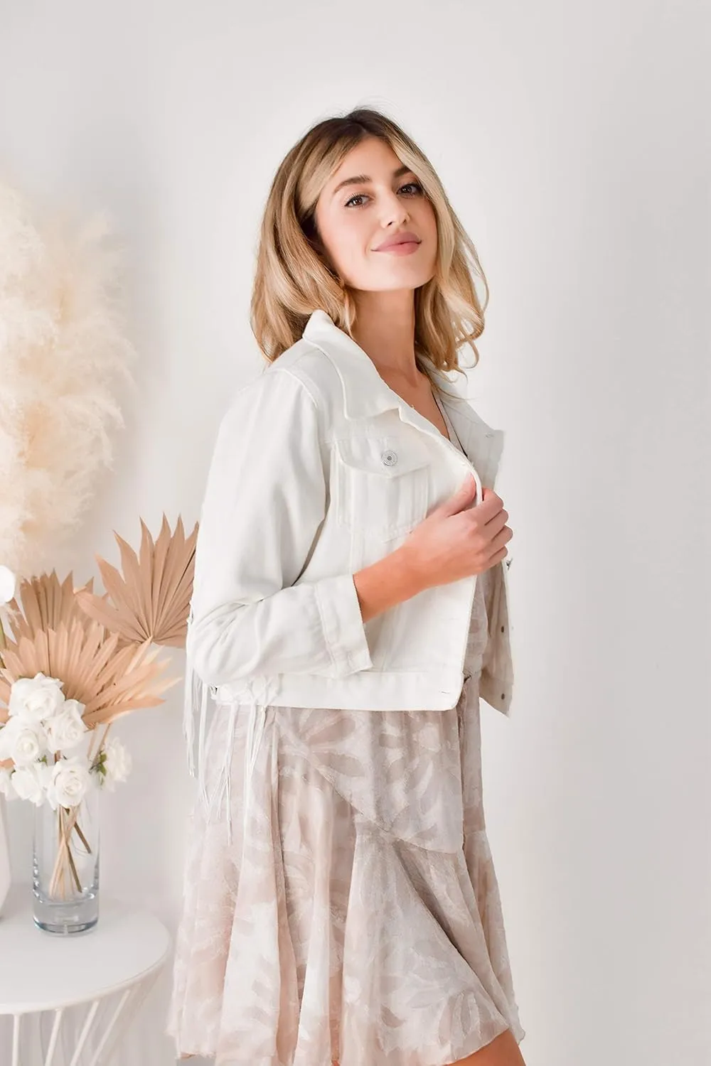 ModParty Womens Fringe Jacket White Crop Denim Jean Jacket With Tassel Trim
