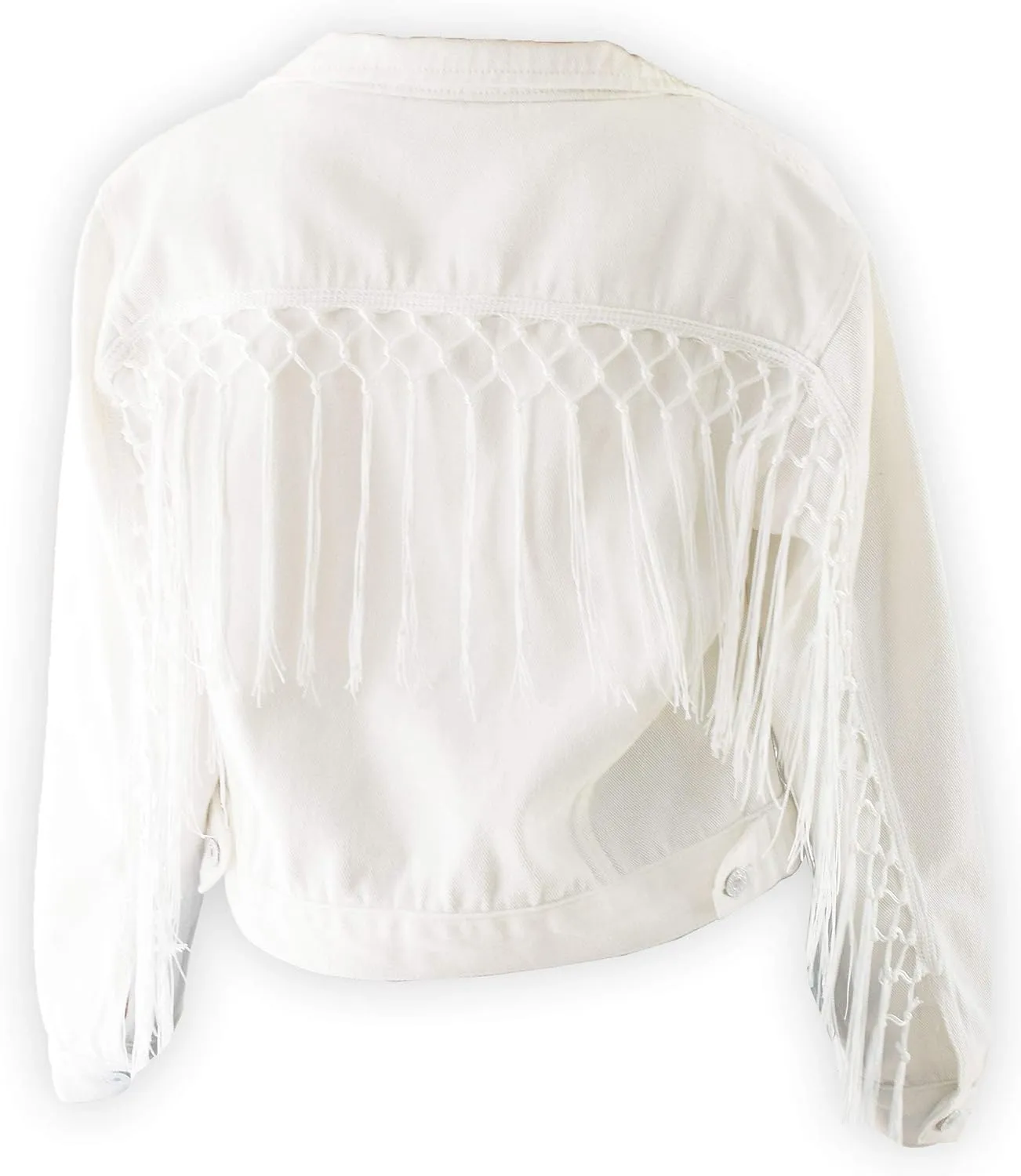 ModParty Womens Fringe Jacket White Crop Denim Jean Jacket With Tassel Trim