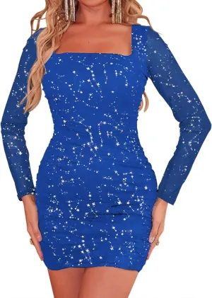 MOEENCN Women Mesh Dress Sparkly Long Sleeve Square Collar Pleated Bodycon Dresses Party Night Club Outfits