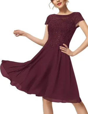 Mother of Bride Dresses Short Sleeve Lace Chiffon 2024 A-Line Scoop Formal Dress Knee-Length Cocktail Dress with Sequins RO63