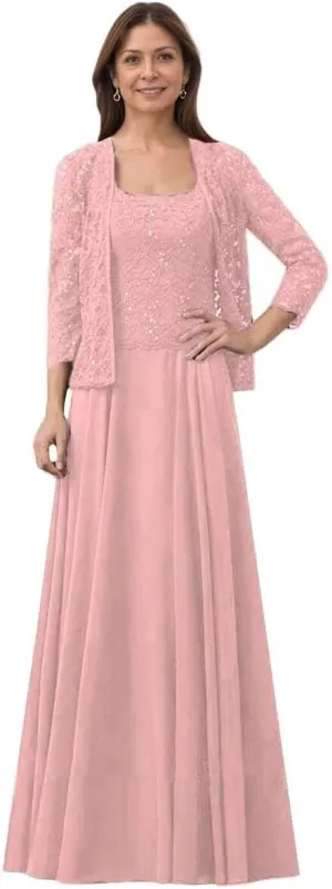 Mother of The Bride Dresses for Wedding 2 PCS Mother of The Groom Dresses with Jackets Laces Chiffon Wedding Guest Dress