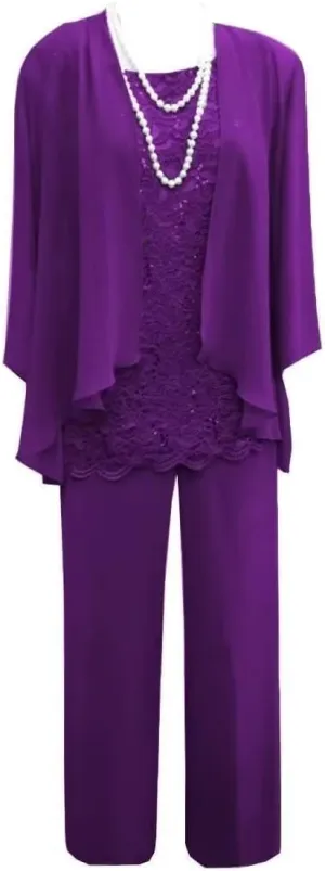 Mother of The Bride Pant Suits for Wedding Chiffon 3 Pieces Formal Pantsuits for Women Evening Party