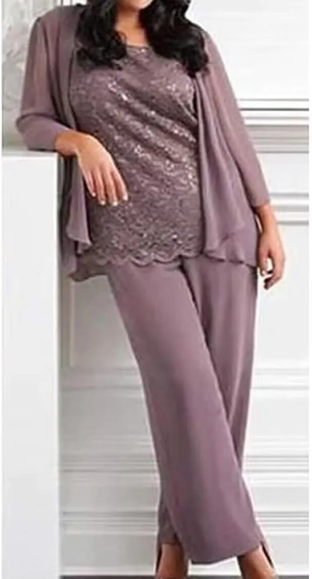 Mother of The Bride Pant Suits for Wedding Chiffon 3 Pieces Formal Pantsuits for Women Evening Party