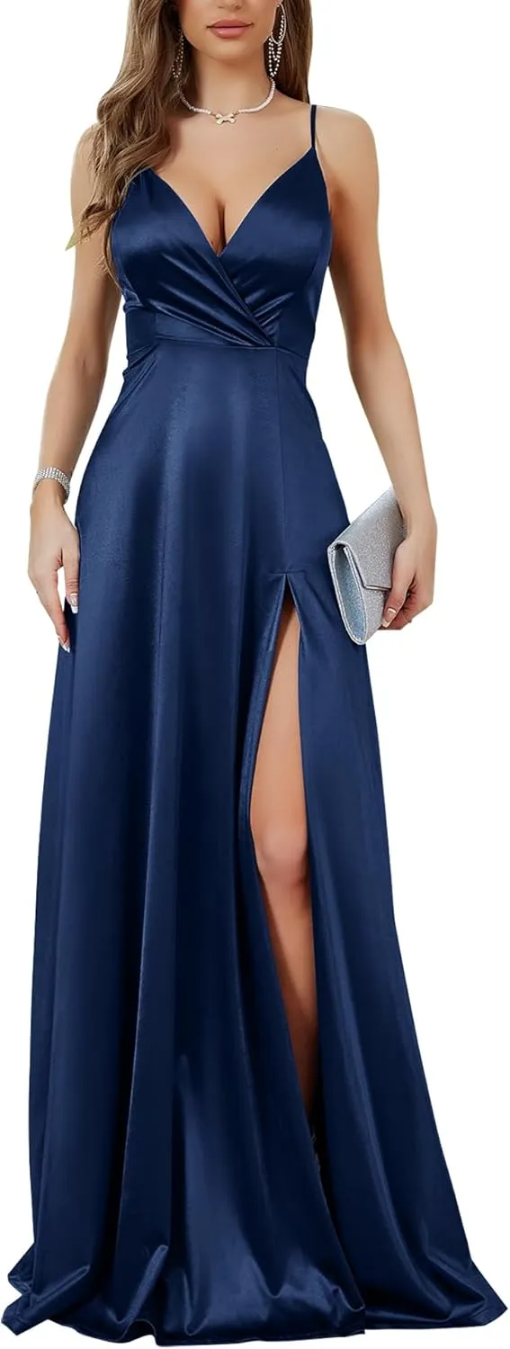 MUXXN Women's Gorgeous Spaghetti Strap V Neck Stain Split Evening Party Maxi Dress