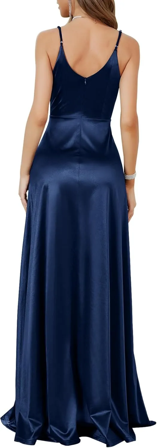 MUXXN Women's Gorgeous Spaghetti Strap V Neck Stain Split Evening Party Maxi Dress