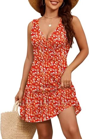 Naggoo Womens Sundresses Summer Sleeveless Floral Dress Wrap V Neck Tank Dress
