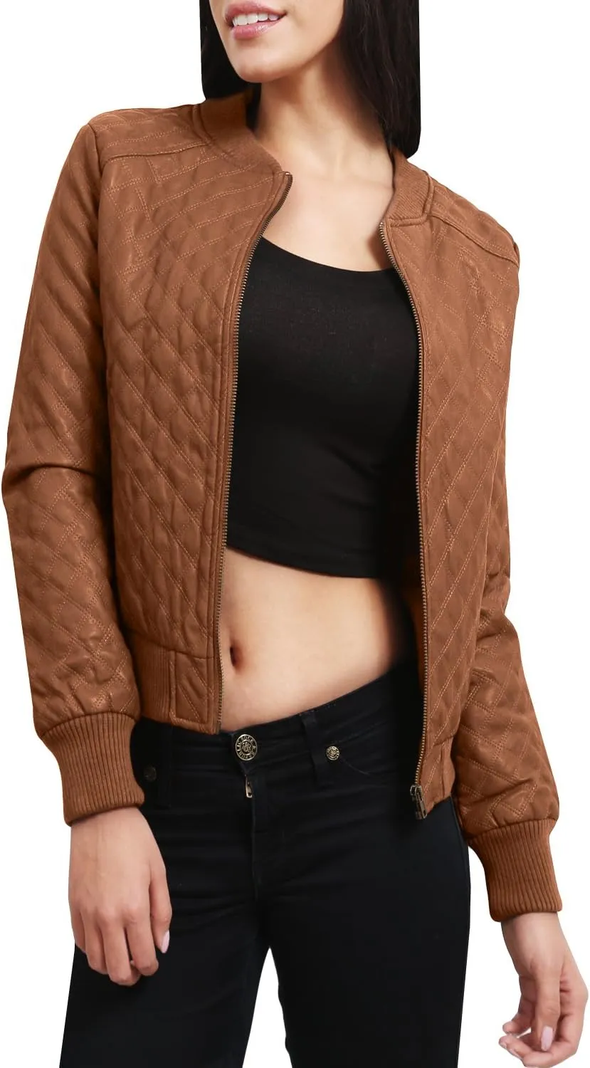 NE PEOPLE Women's Premium Fitted faux leather Zip Up Moto Jacket